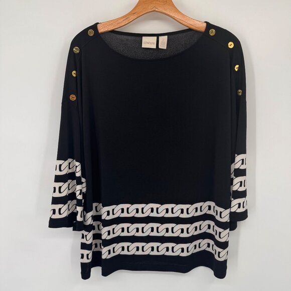 Chicos 2 Black knit Top  Gold Button Accents  Chain Print Hem Womens size Large - Picture 4 of 11